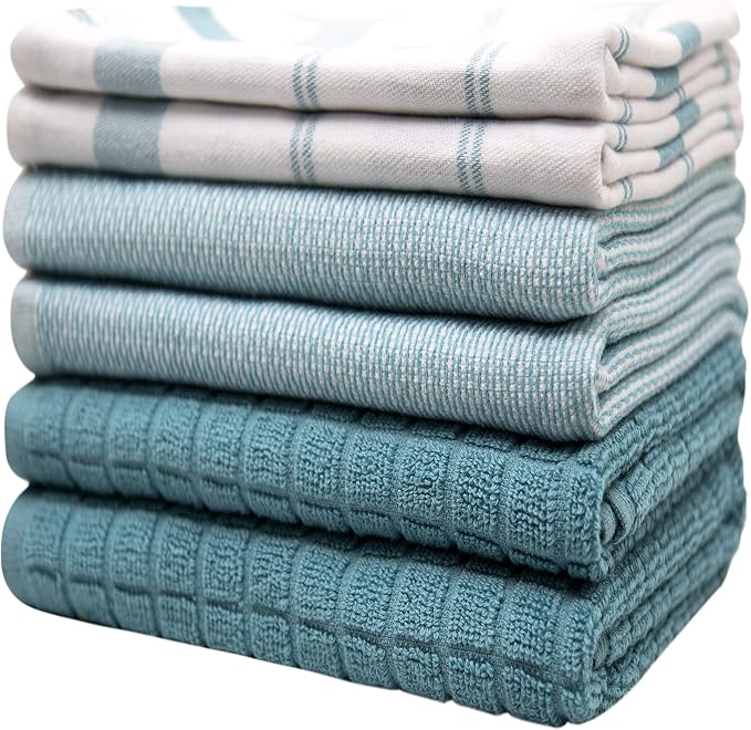 Premium Kitchen Towels 6 Pack 100% Cotton, 20"x28" Dish Towels - Teal Check | Large Flat & Terry Kitchen Linen Set with Hanging Loops, Highly Absorbent for Washing and Drying Dishes