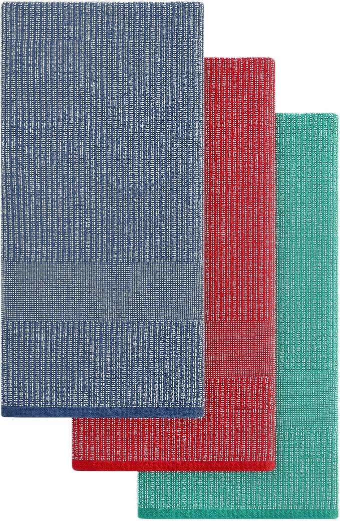 Mordimy Cotton Kitchen Towels (18"x 28", 3 Pack), Navy Blue/Red/Green | 100% Ring Spun Cotton, Super Absorbent, 380 GSM, Flat & Terry, Soft, Hanging Loop Dish Towels