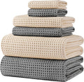 POLYTE 430 GSM Poly Blend Microfiber Quick Dry Waffle Bath Towel Set of 6 | 2-Body Towels, 2-Hand Towels, 2-Wash cloths, Oversize, Lint Free