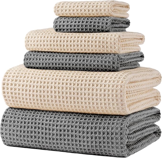 POLYTE 430 GSM Poly Blend Microfiber Quick Dry Waffle Bath Towel Set of 6 | 2-Body Towels, 2-Hand Towels, 2-Wash cloths, Oversize, Lint Free