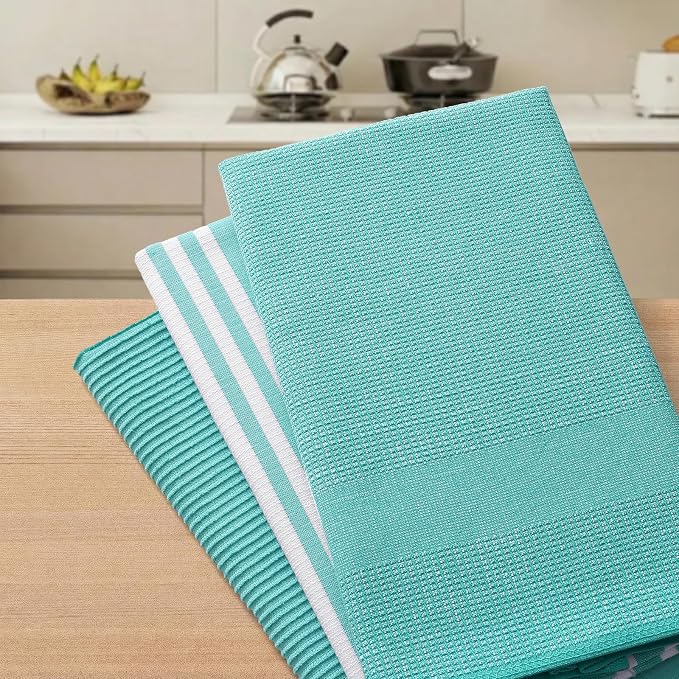 Homaxy Cotton 380 GSM Premium Kitchen Towels, 18"x 28", 6 Pack, Teal | Soft and Absorbent Terry Dish Towels, Multipurpose Tea Towel Set with Hanging Loop, 3 Styles Kitchen Hand Towels