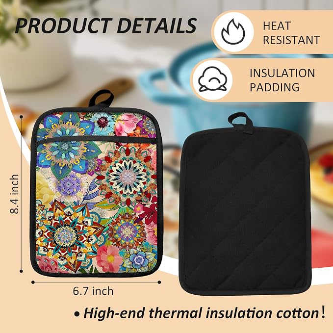 Boho Floral Oven Mitts Set, Vintage Luxury Colorful Flower Floral Heat Resistant Kitchen Oven Gloves for Baking and Cooking,Pot Holders