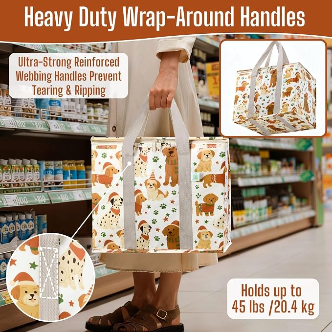 VENO 2 Pack Insulated Cooler Bag for Food Delivery, Reusable Grocery Bag | Heavy Duty Large Collapsible Cooler Shopping Tote w/ Zippers, Foldable, Stands Upright for Camping (Holiday Pups, 2 Pack)