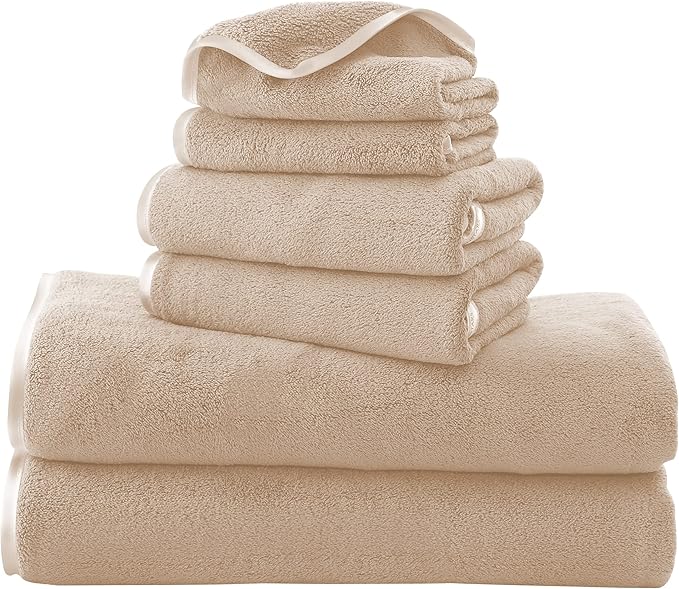 TENSTARS Luxury Silk Hemming Towel Set - Light Thin Quick Drying - 2 Bath Towels 2 Hand Towels 2 Washcloths - Ultra Soft Microfiber Towel for Bath Fitness, Sports, Yoga, Travel (Brown 6 Pieces)