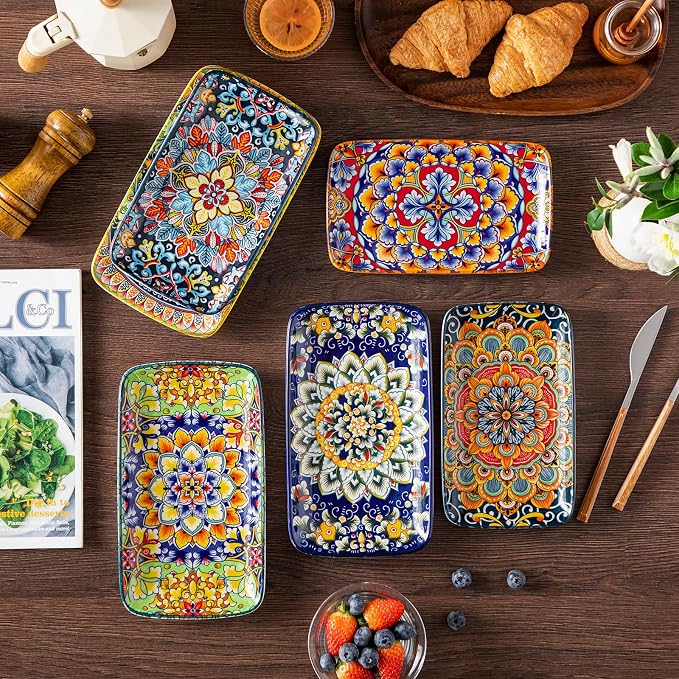 vancasso Simi 9.5 Inch Rectangular Dinner Plates Set of 6 - Bohemian Floral Design in 6 Vibrant Colors, Microwave & Dishwasher Safe Porcelain Plates for Salad, Appetizers, Entertaining
