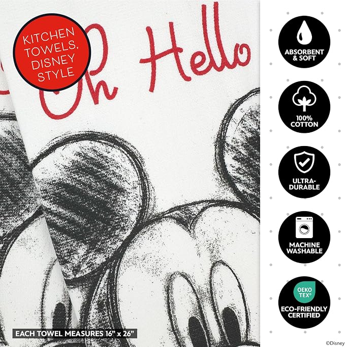 Disney Mickey Cotton Kitchen Towels & Mini Oven Mitts, 4-Piece Set | Absorbent, dries dishes fast, machine washable, mitt grip resists heat to 350F and is hand wash only, great for gifting