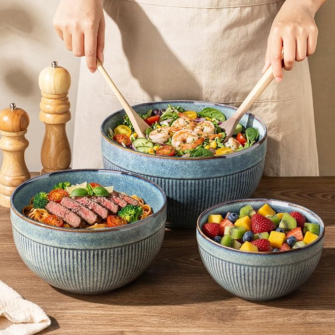 GBhome Ceramic Mixing Bowls Set of 3, Stoneware Nesting Serving Bowls, | 45/90/150 oz For Prep, Baking, Serving, Gift, Microwave and Dishwasher Safe, Ribbed Dishware Collection,Ceylon Blue