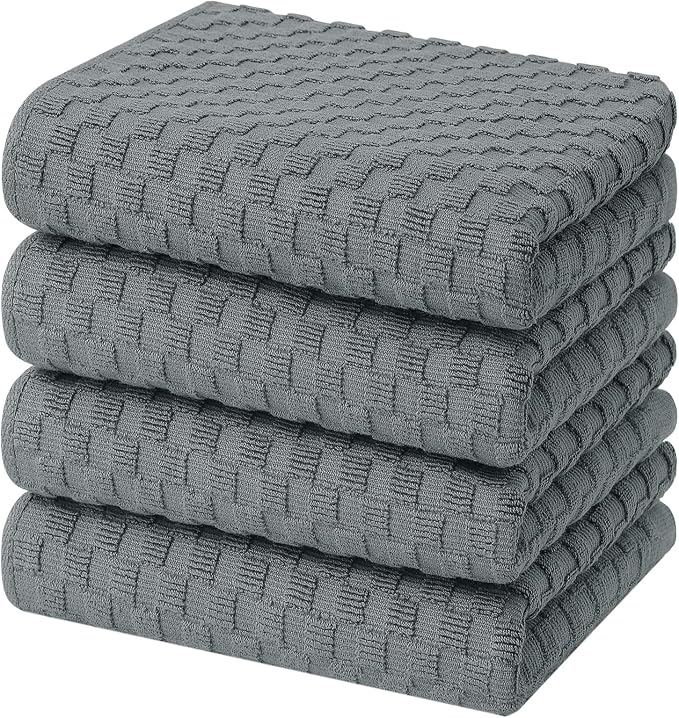 Homaxy 100% Cotton Terry Kitchen Towels(15" x 25", 4 Pack), Dark Grey | Soft and Super Absorbent Dish Towels, 380 GSM Reusable Tea Towel with Hanging Loop, Pineapple Grid Designed