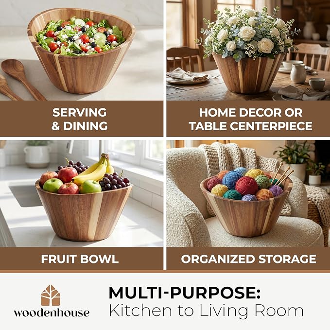 Extra Large Wooden Salad Bowl, Acacia 12" Multi-Purpose Serving Fruit Bowl | Durable wavy handmade design; 6.36 qt; doubles for home decor, storage, candy or yarn on the kitchen counter