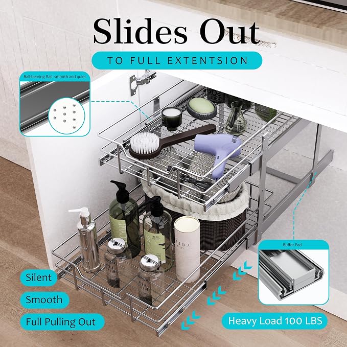 2 Tier Pull Out Cabinet Organizer 11" W X 17" D, Chromed, Full Slide Out | For Kitchen Organizers and Storage, Pull Out Drawers For Cabinets Capacity Heavy Duty Caddy, Cabinet Shelves, Bathroom Pantry