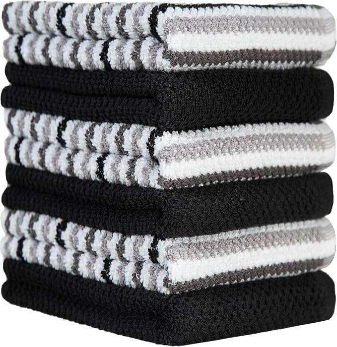 Bumble Kitchen Towels 6 Pack 100% Cotton 16"x26" - Black Wide Stripe | 430 GSM Soft Kitchen Hand Towels with Hanging Loop, Highly Absorbent & Durable for Washing and Drying Dishes