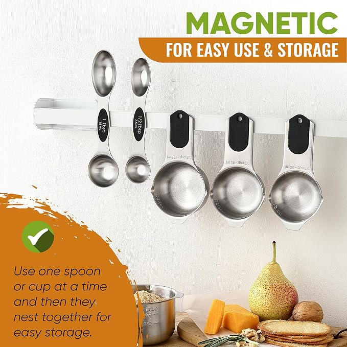 Spring Chef Magnetic Measuring Cups & Spoons Set of 9, Patented, Black | Stackable Stainless Steel Measuring Cups & Heavy Duty Metal Measuring Spoons with Levelers for Dry & Liquid Ingredients