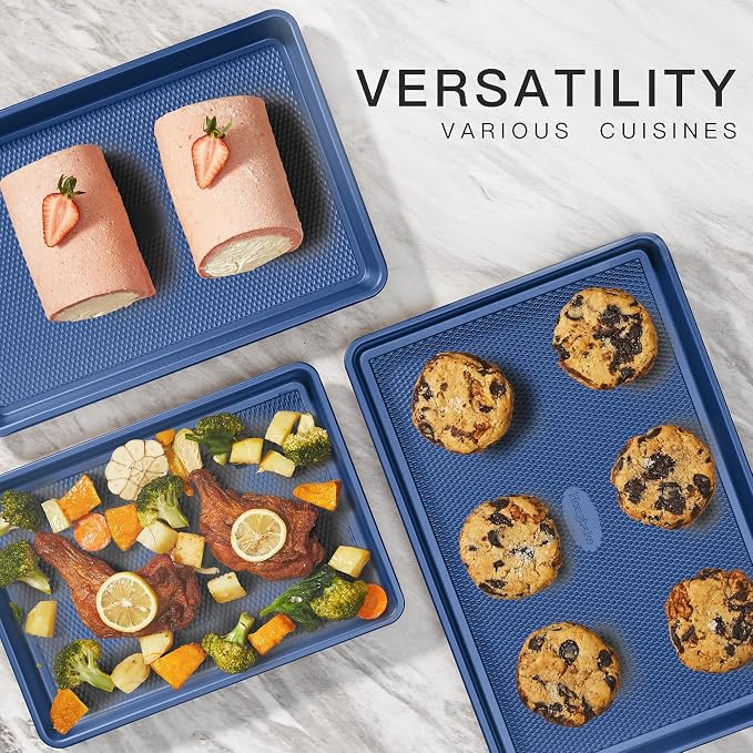 Baking Sheet Pan Set, Cookie Sheets for Oven, Nonstick Half/Quarter/Jelly Roll Pans with Diamond Texture Pattern, Heavy Duty Cookie Tray, Dark Blue