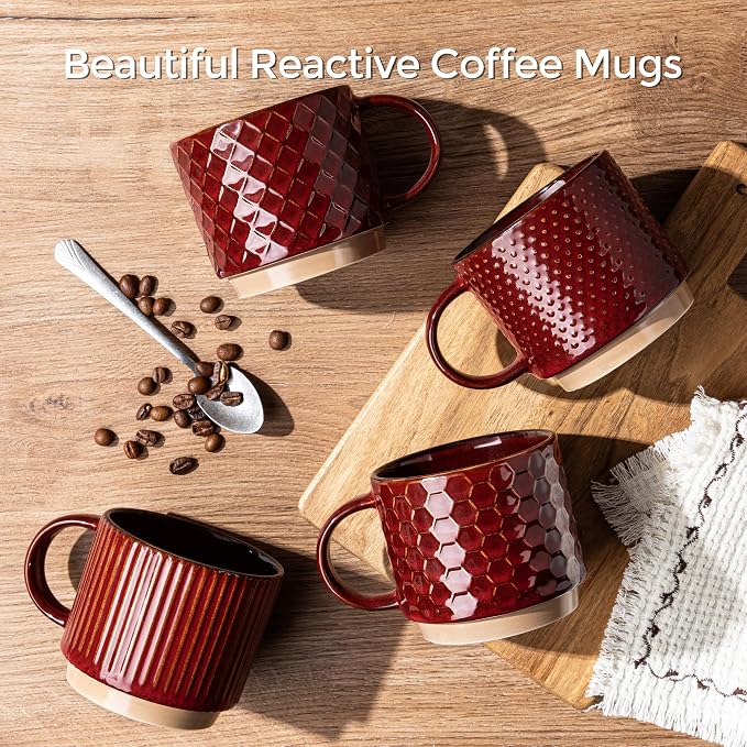 GBhome 15 OZ Stackable Coffee Mugs Set of 4, Ceramic Coffee Cups Set | 4 Assorted Designs, Embossed Mugs with Texture Patterns for Tea/Coffee, Dishwasher&Microwave Safe, Burgundy