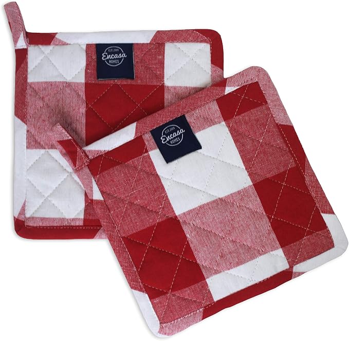 Encasa XO Pot Holders, Quilted Kitchen Hot Pads 8"x8" Buffalo Red Checks | 100% Eco-Friendly Cotton | Thick Cotton Padding Insulation | Convenient Hanging Loop | Set of 2