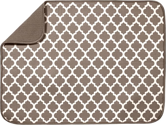 S&T INC. Dish Drying Mat, 18" x 24", XL, Tan Trellis | Absorbent Microfiber, Extra Large Kitchen Counter Mat for Dishes, Utensils, Pots and Pans, Machine Washable