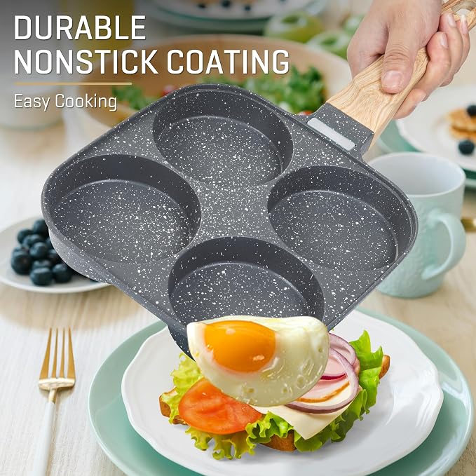 MyLifeUNIT Egg Pan, 4-Cup Egg Frying Pan with Lid, Nonstick Aluminium Alloy Egg Cooker for Breakfast, Pancake, Burger, Sandwiches, Suitable for Gas Stove & Induction Cookware
