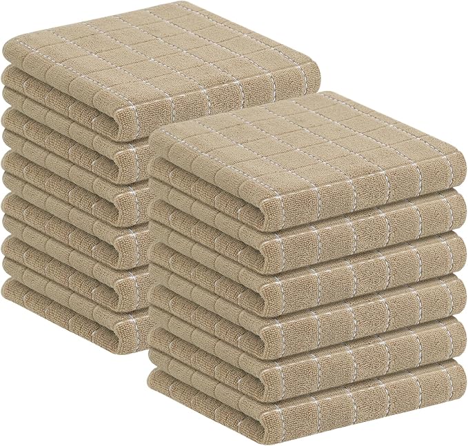 Homaxy 100% Cotton Terry Kitchen Towels, 12 Pack, Tan | Ultra Soft and Absorbent Dish Towels for Kitchen, Suitable for Drying and Washing Dishes