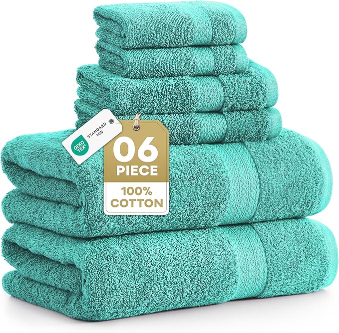 LANE LINEN Towel Set 6 Piece Soft Absorbent Quick Dry 100% Cotton - Teal | Towels And Washcloths - Terry Weave Comfort, Long-Lasting Comfort, Hotel-Style Look, Gets Softer With Every Wash