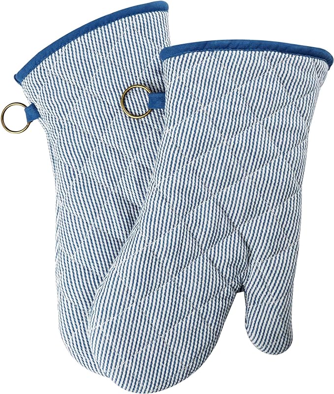 Yarn Dyed Oven Mitts 1 Pair， 100% Cotton Heat Resistant 470 Degree | Oven Gloves for Men Women Cooking Baking Barbecue BBQ Microwave Crafting Machine Washable Pot Holders Mittens (blue2)