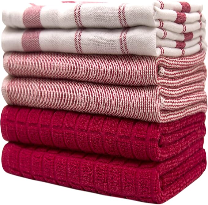 Premium Kitchen Towels 6 Pack 100% Cotton, 20"x28" Dish Towels - Red Check | Large Flat & Terry Kitchen Linen Set with Hanging Loops, Highly Absorbent for Washing and Drying Dishes