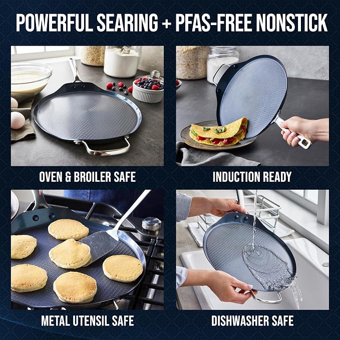 Blue Diamond Hybrid 12" Stainless Steel Nonstick XL Griddle Pan | PFAS-Free Ceramic Nonstick Round Skillet, Induction & All Cooktop Ready, Dishwasher and Oven Safe, Metal Utensil Safe