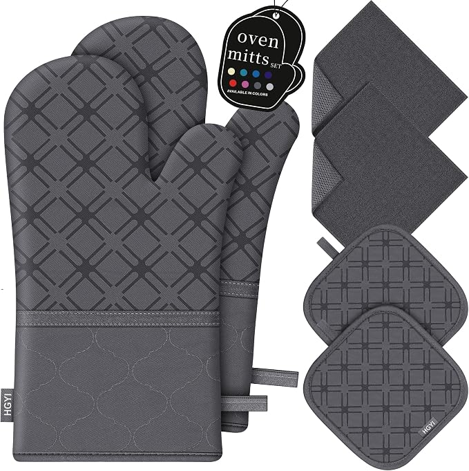 Oven Mitts and Pot Holders Set with Dishcloths, 500 Degree Heat Resistant Oven Gloves and Hot Pads, Premium Soft Cotton Kitchen Mittens and Dish Cloth Sets-Deep Grey