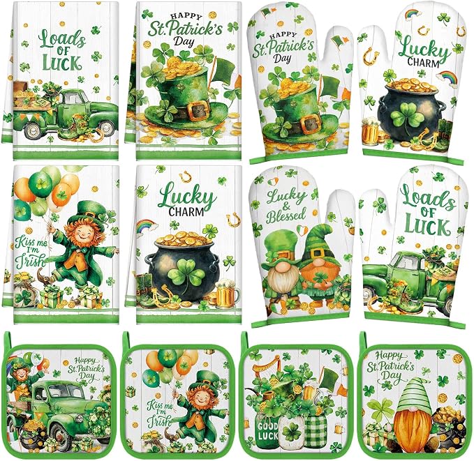 SiliFine 12 Pcs St. Patrick's Day Kitchen Towels Pot Holders and Oven Mitts Set 4 Green Clover Dish Towels 4 Shamrock Leprechaun Coins Oven Mitts 4 Gnomes Potholders for Xmas Dish Baking Decorative
