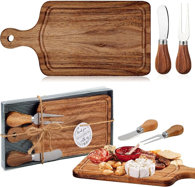 1 Set Bridal Shower Favor Prizes Charcuterie Board,Acacia Wood | Acacia Wood Cheese Board with Knife Fork Thank You Tag, Gift Box for Guests, Valentines Wedding Baby Shower Party Favors