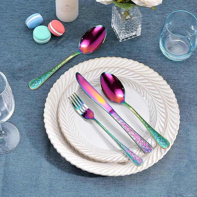 Runfly Vintage Carved Rainbow Stainless Steel 20-Piece Flatware Set | Silverware Set, Modern Embossed Cutlery Set Utensils Kitchen Including Fork Spoon and Knife