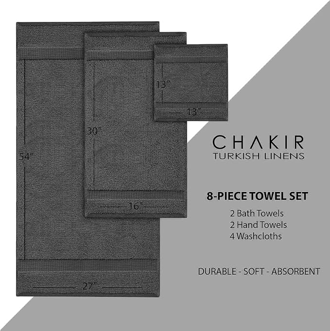 Chakir Turkish Linens Set of 8 Towel Set, 100% Cotton Luxury Turkish Towels for Bathroom, Soft Absorbent Bath Towel Set with 2 Bath Towels 2 Hand Towels 4 Washcloths, Dark Gray