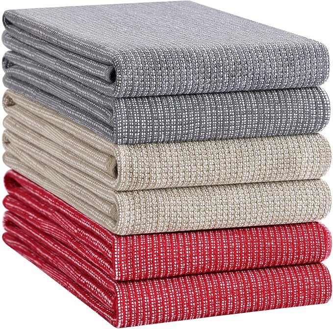Homaxy 380 GSM Cotton Premium Kitchen Towels 6 Pack, 18"x 28", Mix | Flat and Terry Dish Towels, Highly Absorbent Tea Towel Set with Hanging Loop, Soft Kitchen Hand Towels, Red/Grey/Khaki