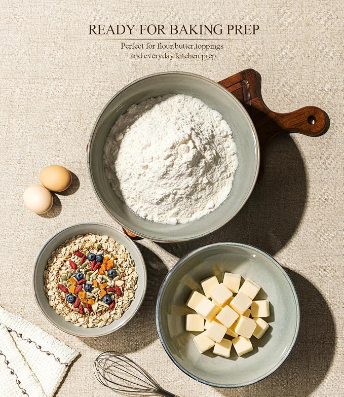 GBhome Ceramic Mixing Bowls Set of 3, Stoneware Nesting Serving Bowls, | 45/90/150 oz For Prep, Baking, Serving, Gift, Microwave and Dishwasher Safe, Ribbed Dishware Collection,Desert Sage