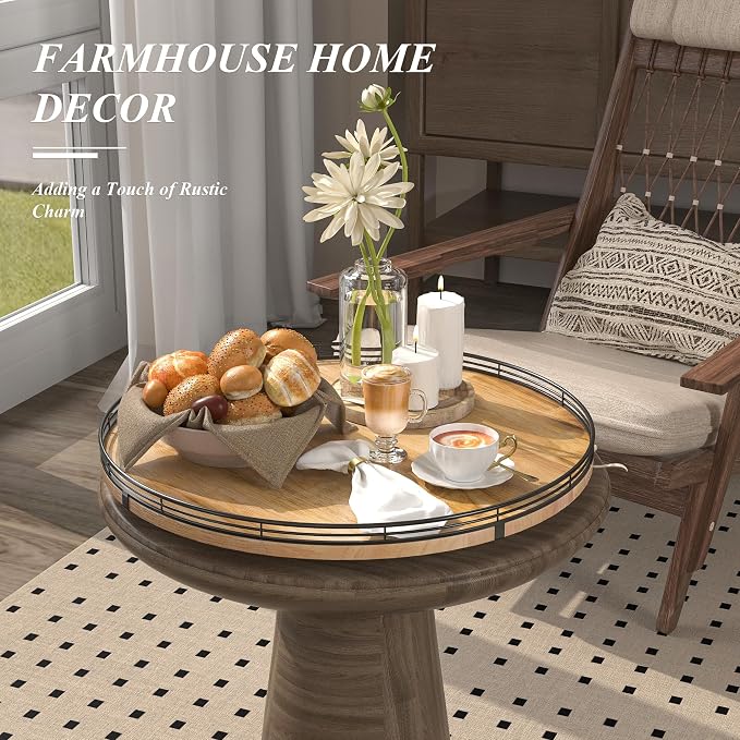 AMH 18-Inch Extra Large Farmhouse Oak Lazy Susan Organizer | Smooth rotating oak tray with walnut finish for dining tables, kitchen counters, pantries and cabinet storage.