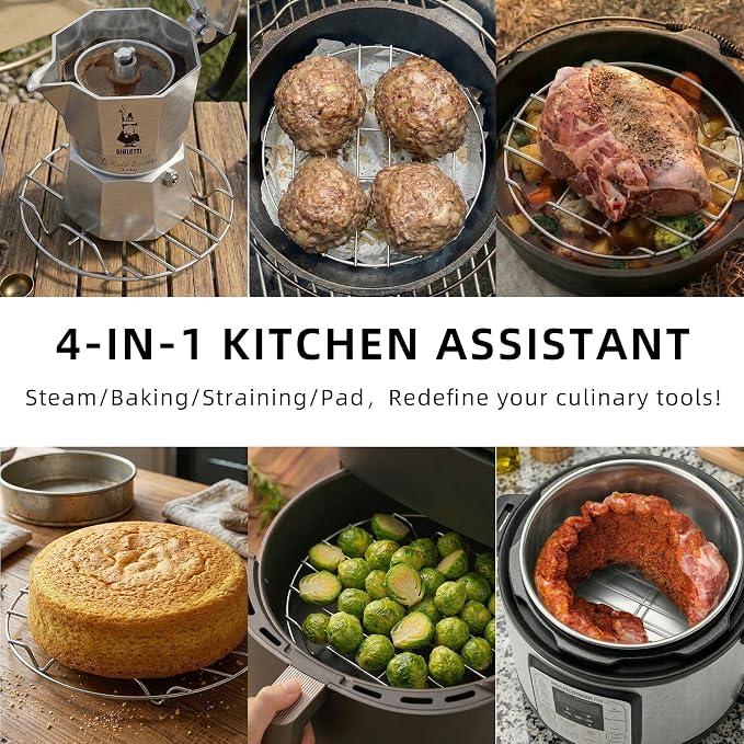 2-Pack Round Steamer Rack 6.9" 8.9" | Stainless steel, Fits 5-8Qt Cookers, 40lbs, 500°F, air fryer/pressure cooker/Dutch oven, dishwasher safe