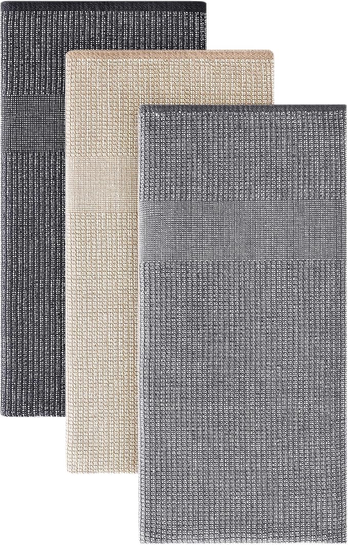 Homaxy 380 GSM Cotton Premium Kitchen Towels 3 Pack, 18"x 28", Mix | Flat and Terry Dish Towels, Highly Absorbent Tea Towel Set with Hanging Loop, Soft Kitchen Hand Towels, Grey/Khaki/Black