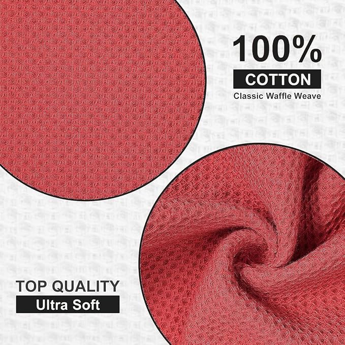 Kitinjoy 100% Cotton Waffle 8-Pack Kitchen Towels, 12" x 12", Brick Red | Ultra Absorbent, Super Soft, lightweight, Quick Drying Dish Rags for Washing Dishes