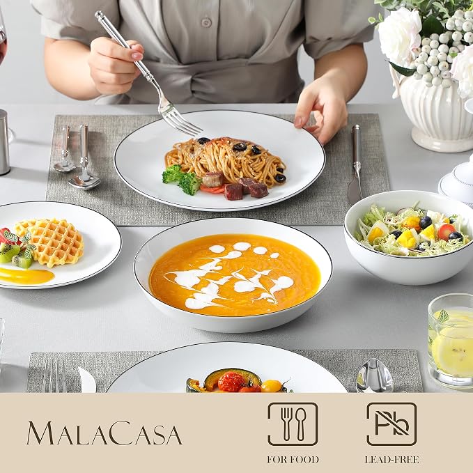 MALACASA 24-Piece Porcelain Dinnerware Set, with Black Rim Dish Set for 6 | Modern White Serving Plates and Bowls Sets for Dessert, Salad, Soup, Pasta, Microwave & Dishwasher Safe - Series AMELIA