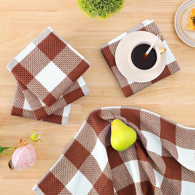 Homaxy Kitchen Towels and Dishcloths Set, Set of 10, White & Rust | Bulk Cotton Waffle Weave Check Plaid Kitchen Towels, Super Soft and Absorbent Dish Cloths, 12 x 12 and 13 x 28 Inches