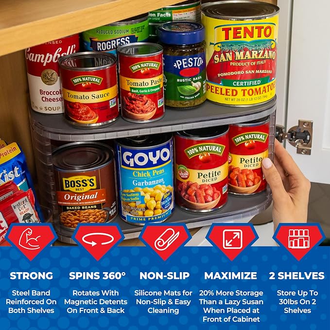 2-Tier Lazy Susan Pantry Organizer – Steel Reinforced Turntable for Kitchen Cabinets & Pantry Storage – Heavy-Duty Can Organizer Holds Up to 30 lbs – Rotates 360° – Includes 2 Bonus Bins | Two Rotating Steel-Reinforced Shelves, Holds 30 lbs, 360-Degree...