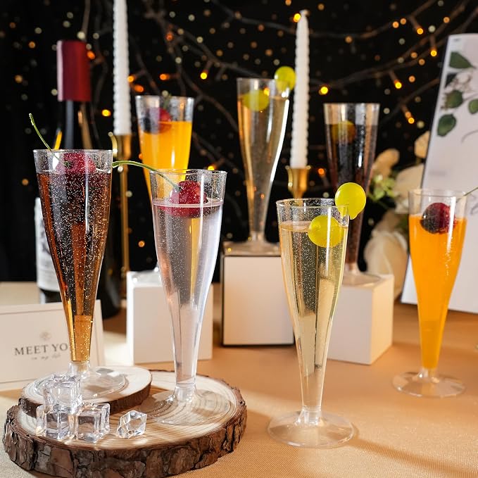 Bestluck 50Pack 4.5oz Silver Glitter Champagne Flutes Plastic | Plastic Disposable Stemware, Disposable Champagne Flutes for Party, Mimosa Bar, Wedding, Anniversary and Graduation