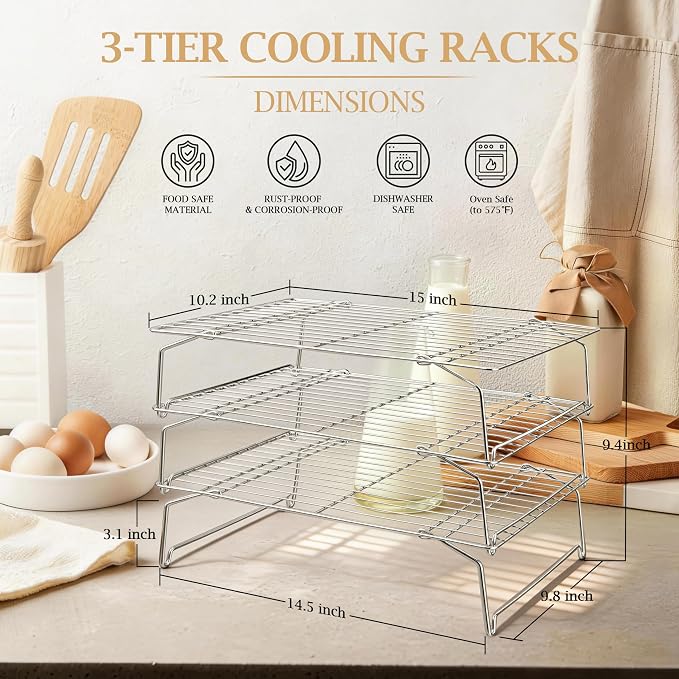 LIANYU Cooling Rack 15"x10", 3-Tier Stackable & Collapsible Cooling Racks | Stainless Steel Wire Baking Racks Fits Jelly Roll Pan, Great for Cooking, Baking, Roasting, Grilling, Oven & Dishwasher Safe