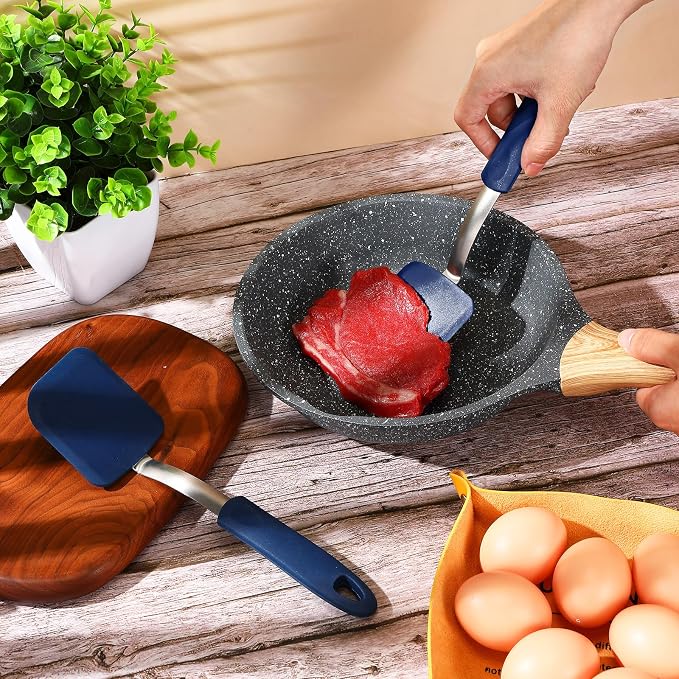 Silicone Cookie Spatula Turner 2 Pack Mini Brownie Spatula Flexible Kitchen Small Silicone Turner for Nonstick Cookware Heat Resistant No Scratch Flipper for Egg(Solid Flat,Blue)