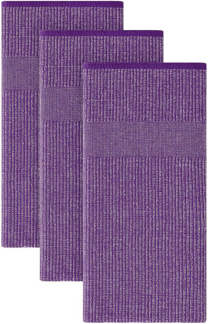 Homaxy 380 GSM Cotton Premium Kitchen Towels 3 Pack, 18"x 28", Purple | Flat and Terry Dish Towels, Highly Absorbent Tea Towel Set with Hanging Loop, Soft Utility Kitchen Hand Towels