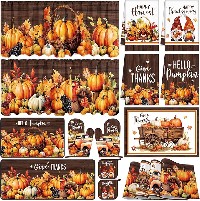 Fourluoo 16 Pcs Thanksgiving Kitchen Decor Set, Pumpkin Kitchen Towels and Dishcloths Give Thanks Non Slip Rugs Mats for Floor Oven Mitts and Pot Holders Curtains Set for Home Decoration