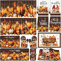 Fourluoo 16 Pcs Thanksgiving Kitchen Decor Set, Pumpkin Kitchen Towels and Dishcloths Give Thanks Non Slip Rugs Mats for Floor Oven Mitts and Pot Holders Curtains Set for Home Decoration