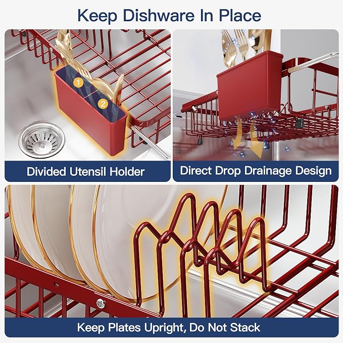 JASIWAY Red Dish Drying Rack Over the Sink with Utensil Holder | Expandable Stainless Steel Dish Driainers for Small Kitchen, Counter Space Saving, Fast Drain, Rust Resistant, For Apartment