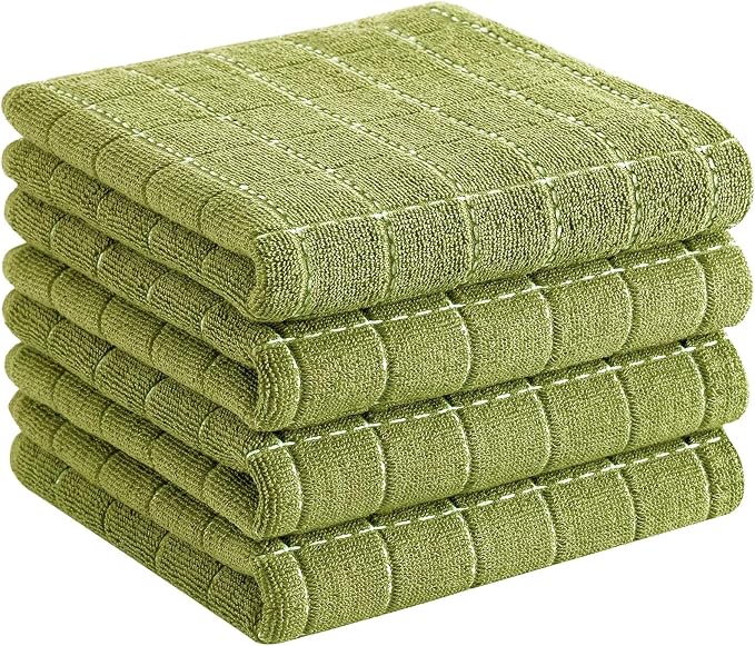 Homaxy 100% Cotton Terry Kitchen Towels, 4 Pack, Olive Green | Ultra Soft and Absorbent Dish Towels for Kitchen, Suitable for Drying and Washing Dishes
