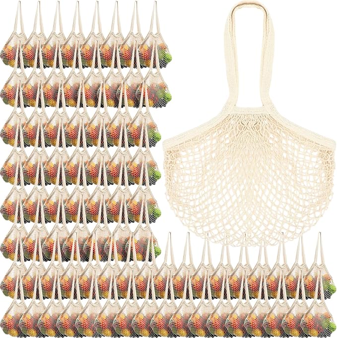 Paterr 80 Pack Cotton Mesh Produce Bags Bulk,Long Handle,Beige | Reusable Mesh Grocery Bags Bulk, Washable Net Market Tote String Shopping Bags, for Vegetable Fruit Beach Picnic Food Storage