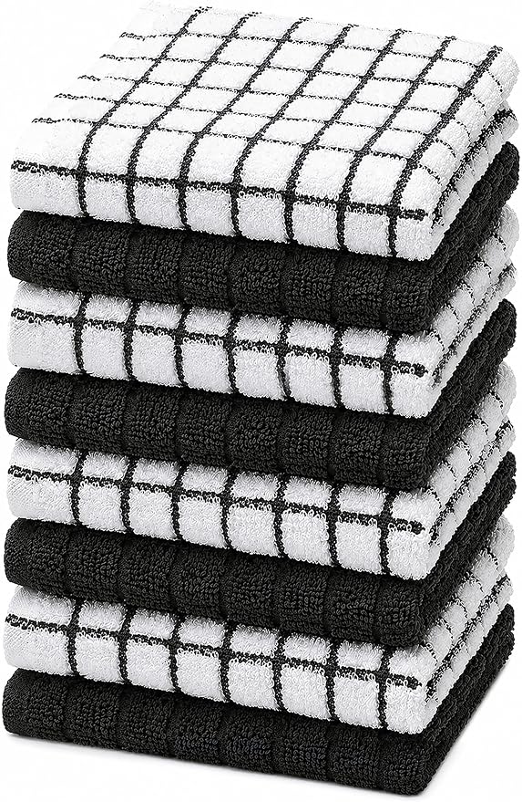 Bumble Dish Cloths (8-Pack), 100% Cotton Kitchen Towels, 12"x12" - Black | 405 GSM | Soft, Highly Absorbent & Durable Dish Towels for Kitchen